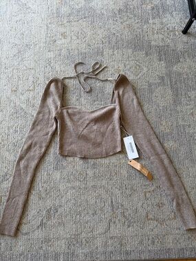 Ribbed Square Neck Cropped Knit Top - Taupe